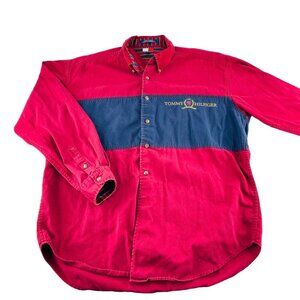 Vintage Tommy Hilfiger Colorblock Button-Up Shirt Mens size XL Red &‎ Navy 90s